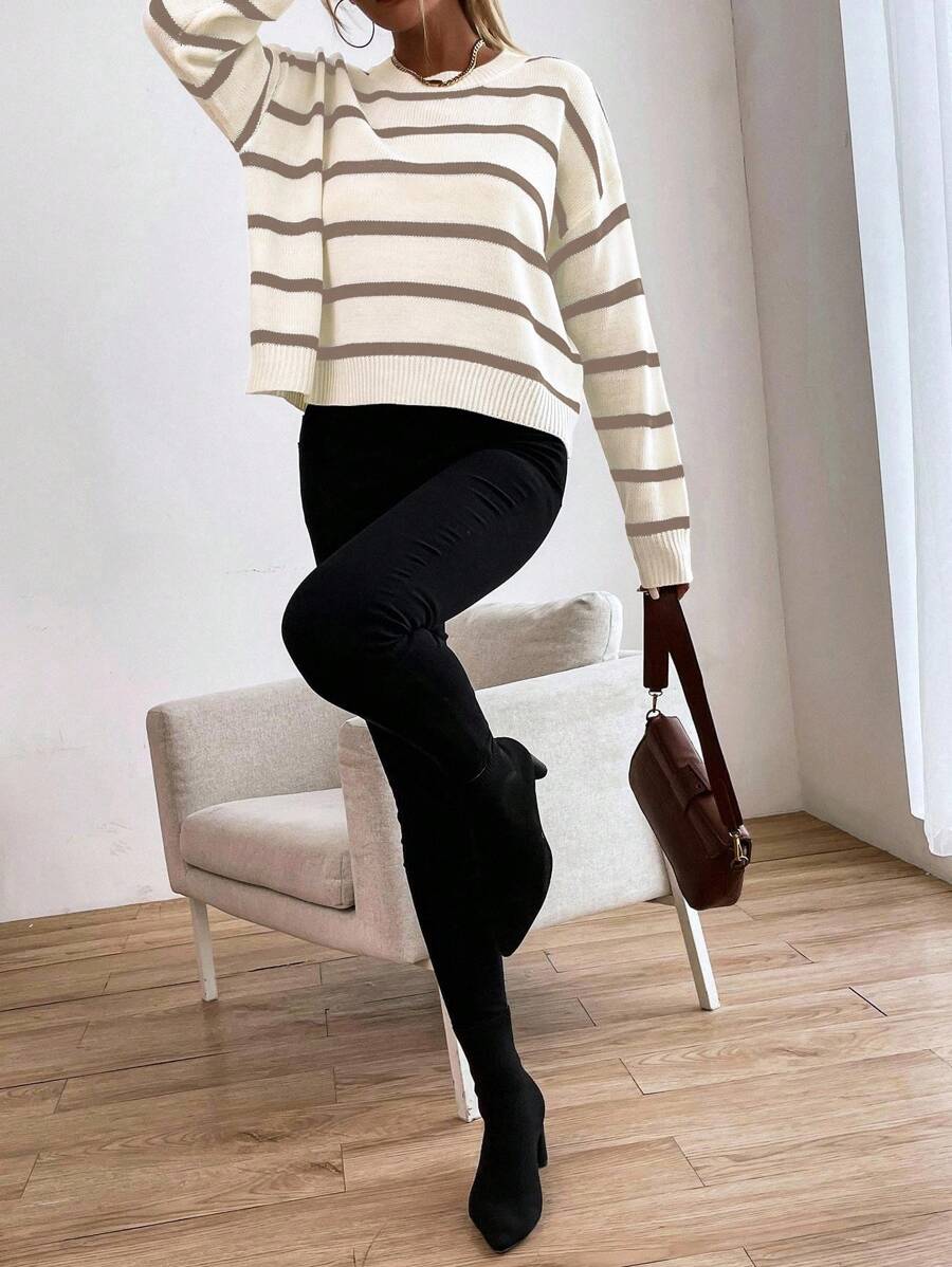 Audrey Striped Drop Shoulder Pullover Sweater - Black and White