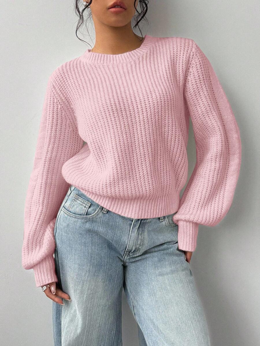 Aurelia Chunky Waffle Knit Crew Neck Relaxed Sweater - Pink