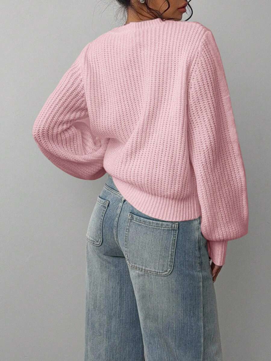 Aurelia Chunky Waffle Knit Crew Neck Relaxed Sweater - Pink