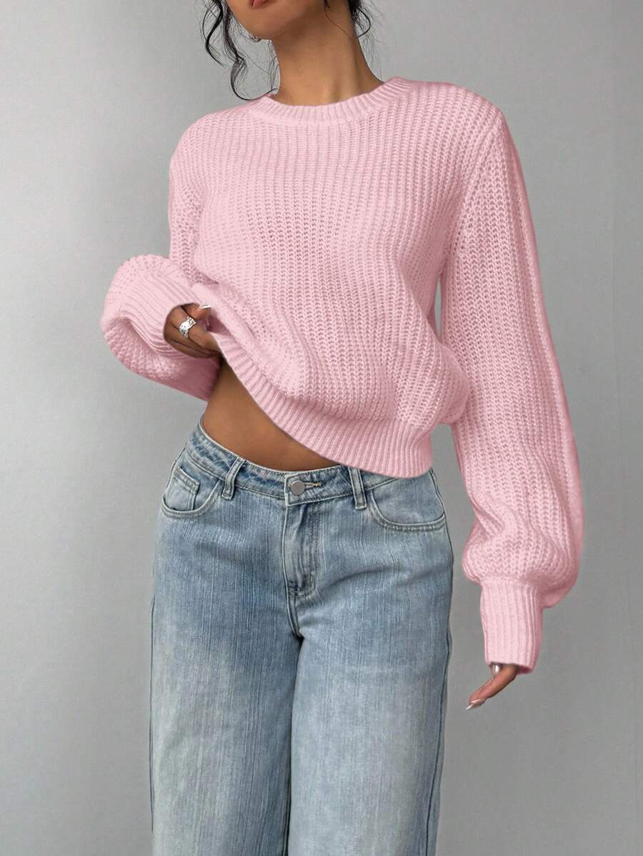 Aurelia Chunky Waffle Knit Crew Neck Relaxed Sweater - Pink