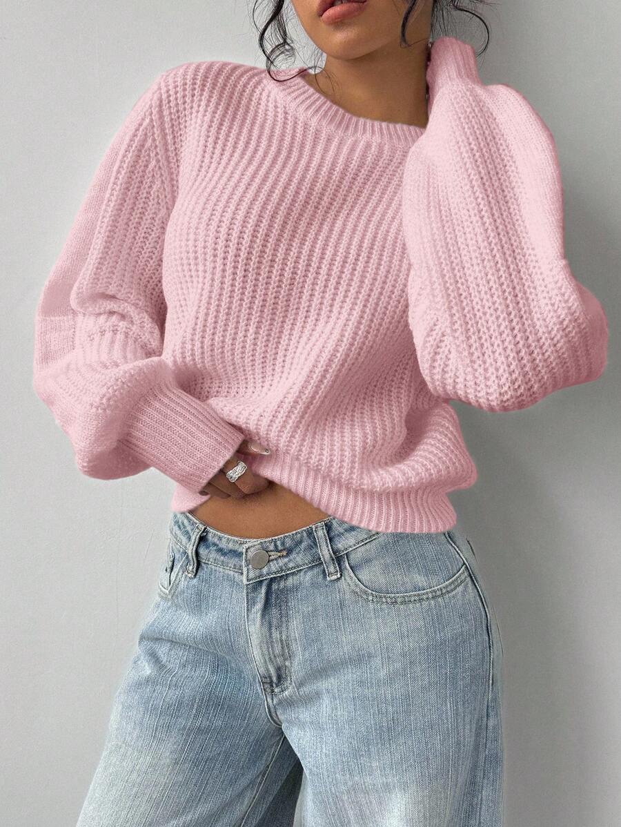 Aurelia Chunky Waffle Knit Crew Neck Relaxed Sweater - Pink