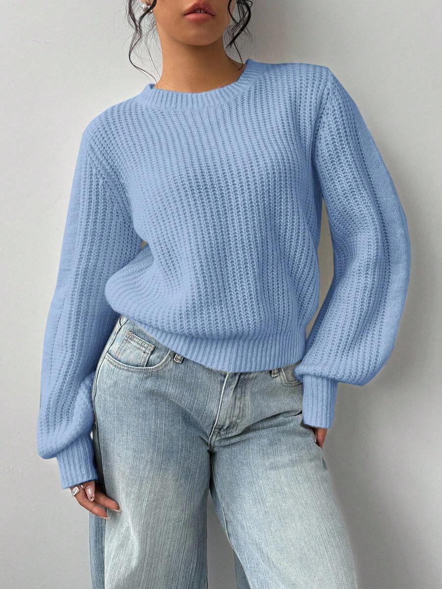 Aurelia Chunky Waffle Knit Crew Neck Relaxed Sweater - Sky Blue
