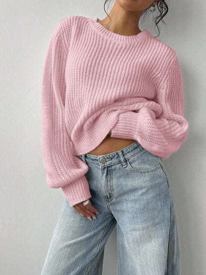 Aurelia Chunky Waffle Knit Crew Neck Relaxed Sweater - Pink