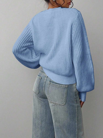 Aurelia Chunky Waffle Knit Crew Neck Relaxed Sweater - Sky Blue