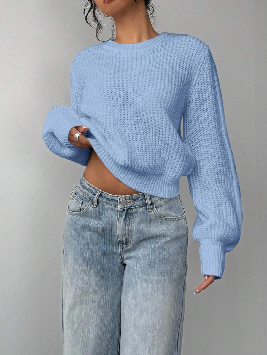 Aurelia Chunky Waffle Knit Crew Neck Relaxed Sweater - Sky Blue