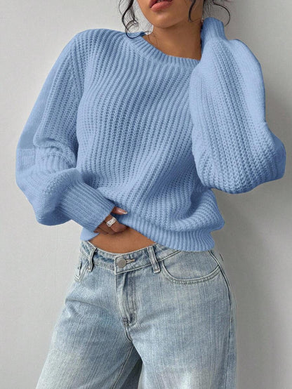 Aurelia Chunky Waffle Knit Crew Neck Relaxed Sweater - Sky Blue