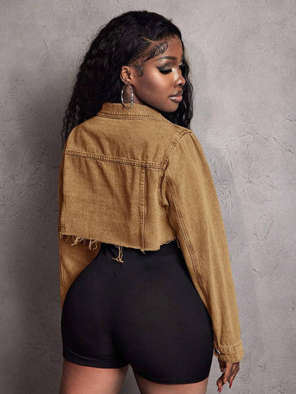 Hazel Distressed Crop Button Denim Jacket - Black