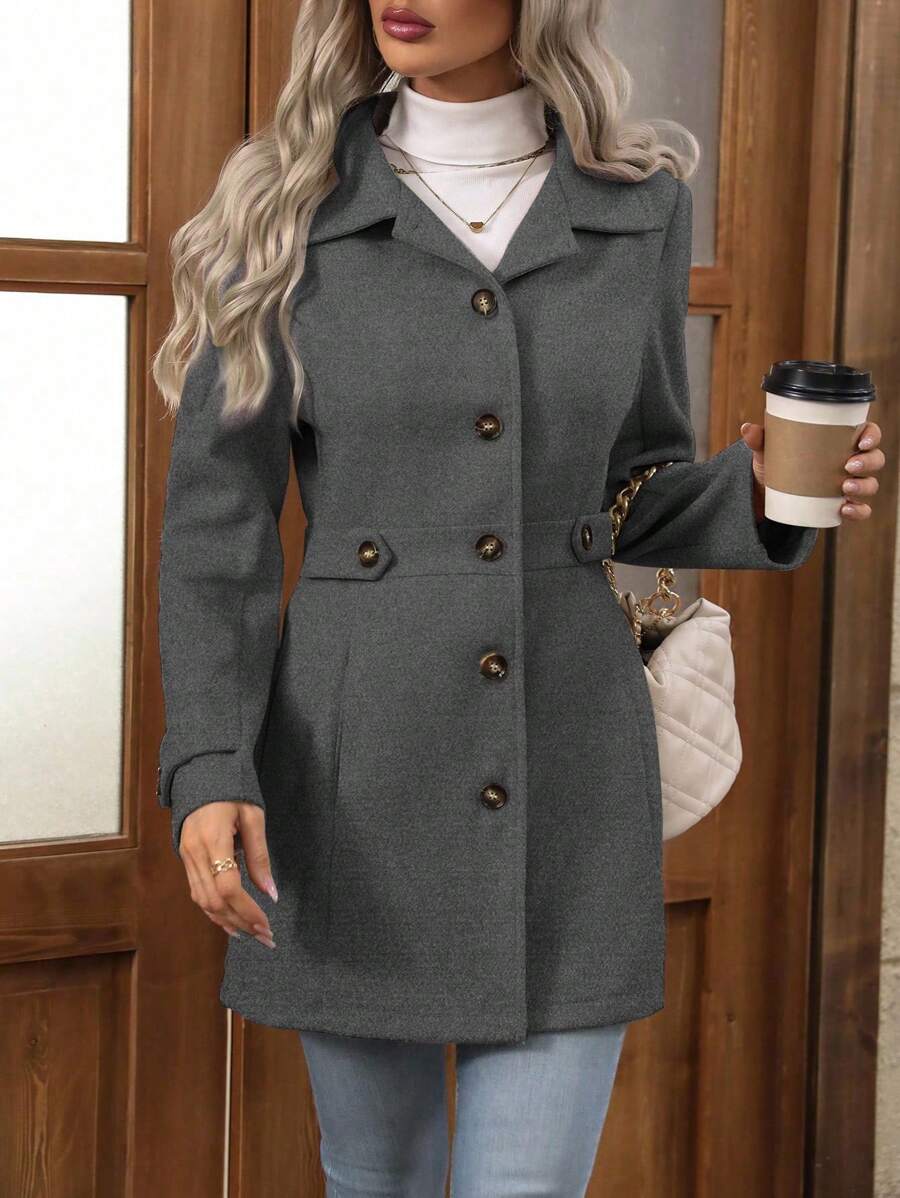 Juliana Single-Breasted Collared Coat with Button Front and Pockets - Dark Grey