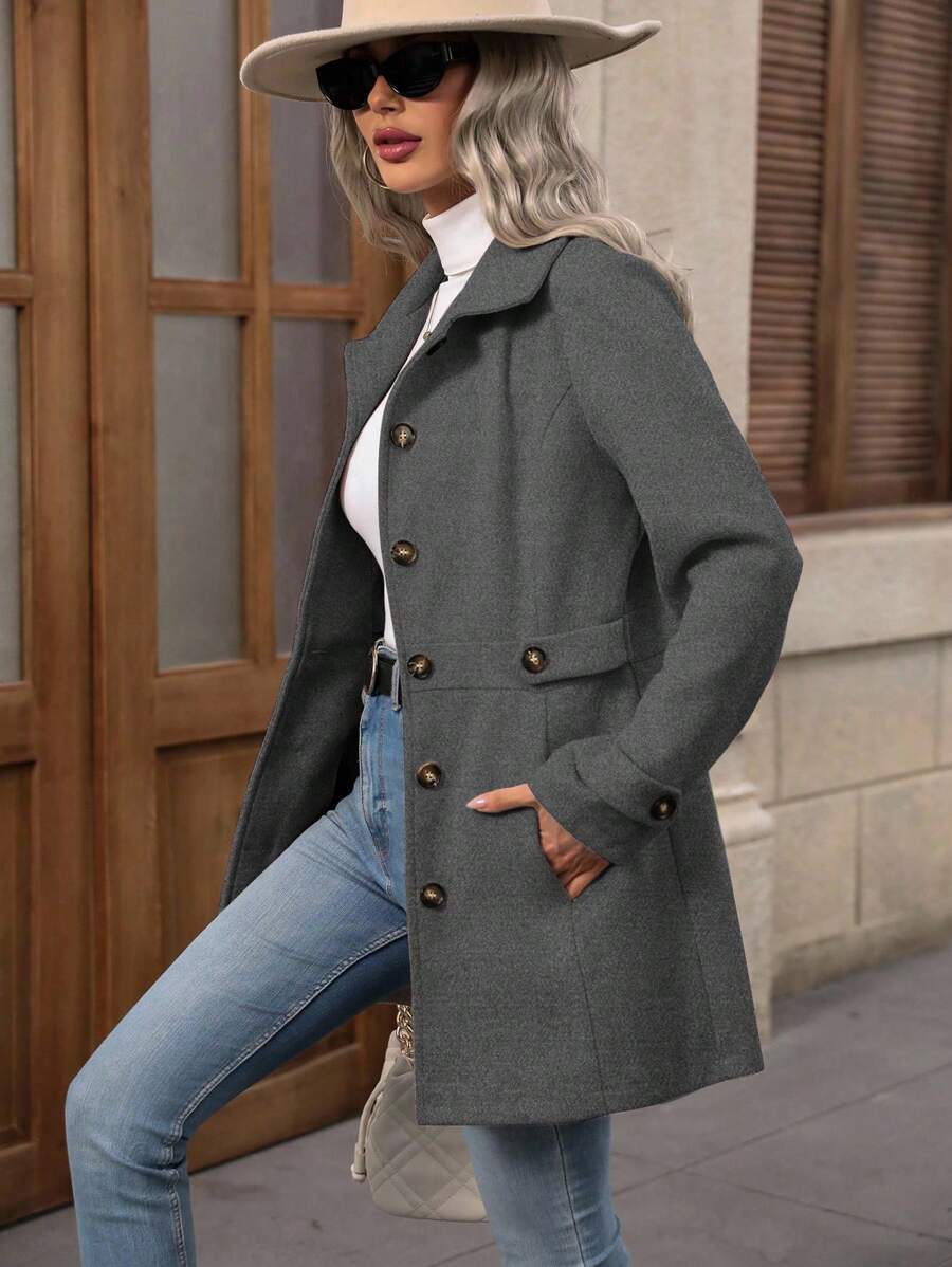 Juliana Single-Breasted Collared Coat with Button Front and Pockets - Black