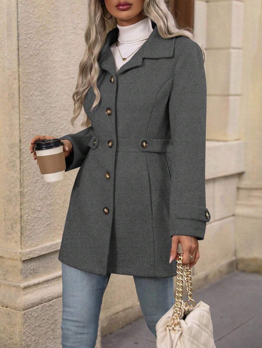 Juliana Single-Breasted Collared Coat with Button Front and Pockets - Navy Blue
