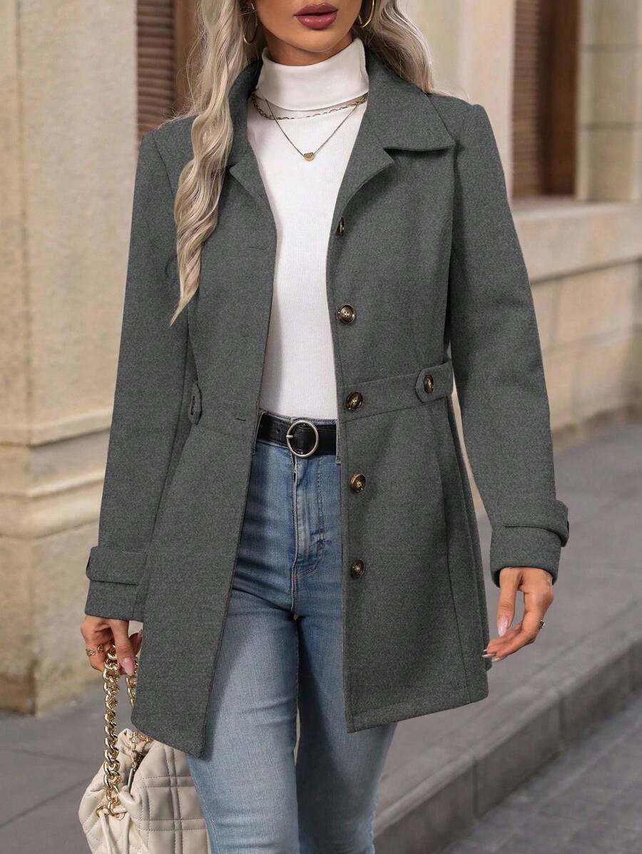 Juliana Single-Breasted Collared Coat with Button Front and Pockets - Light Grey