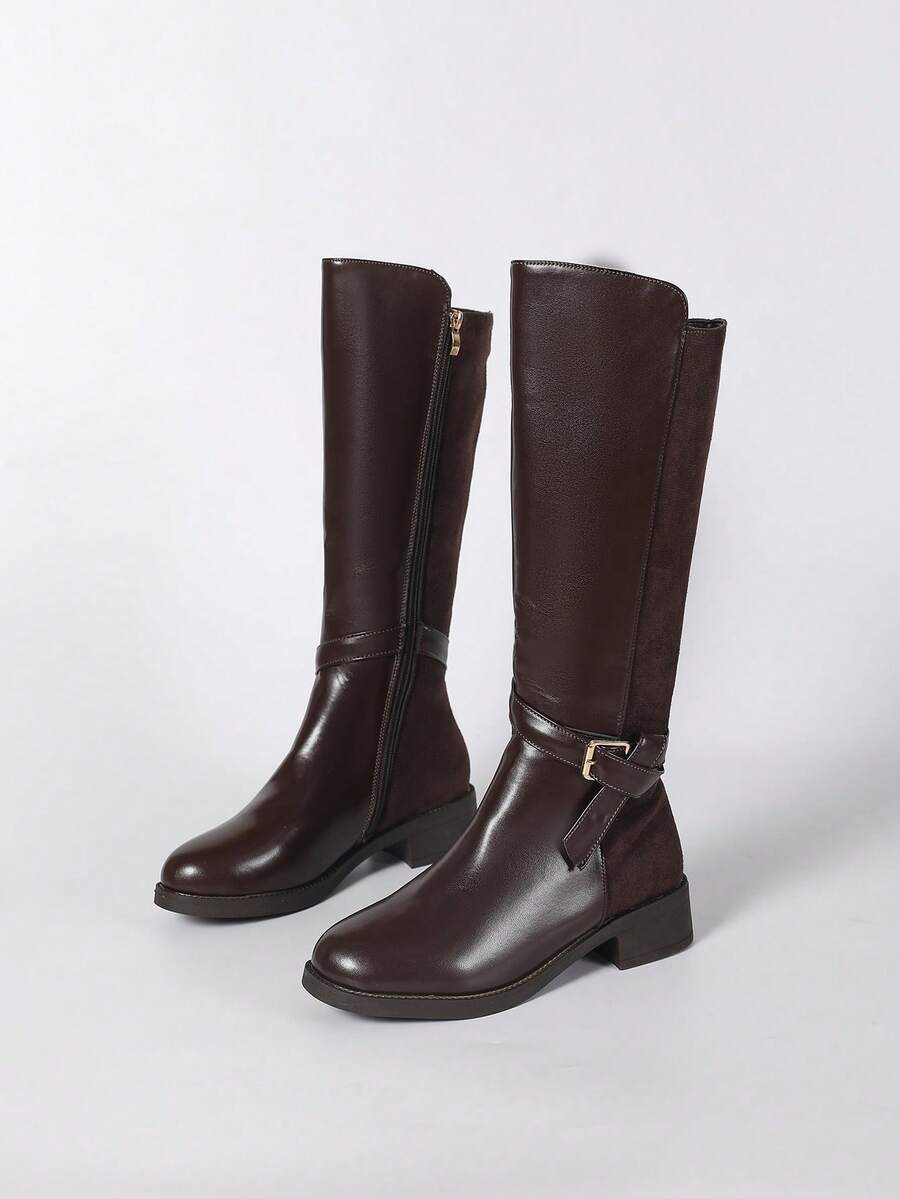 Women's Autumn/Winter Brown High-End Fashion Patchwork Belt Buckle Decor Side Zipper Retro Riding Boots, Tall Design Slimming And Elongating, Thermal Lined For Warmth And Comfort, PU+Suede Patchwork For Stylish Look, Classic Silhouette Fits Well, Flat Hee Mensa