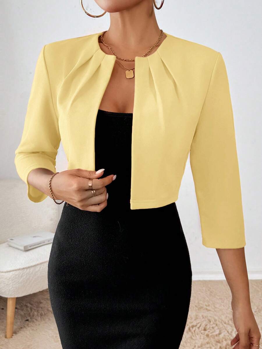Philomena Pleated Neckline Open Front Cropped Knit Blazer - Butter Yellow