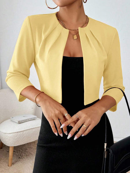 Philomena Pleated Neckline Open Front Cropped Knit Blazer - Butter Yellow
