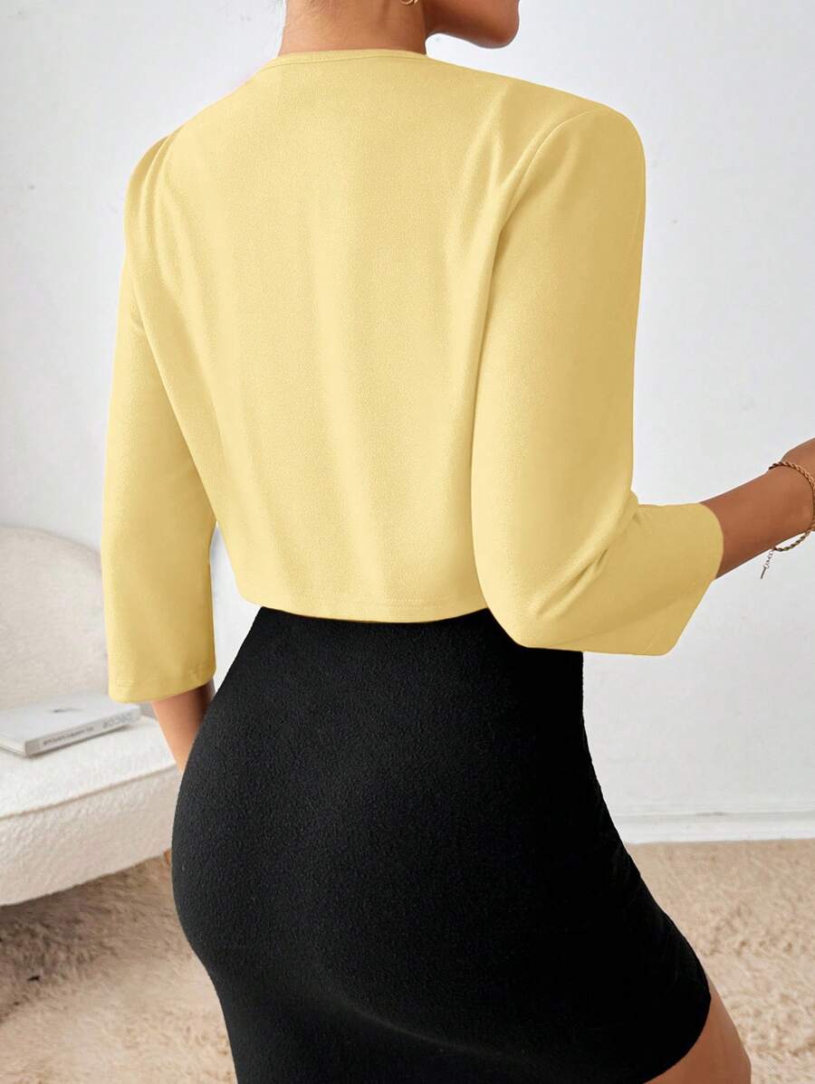 Philomena Pleated Neckline Open Front Cropped Knit Blazer - Butter Yellow