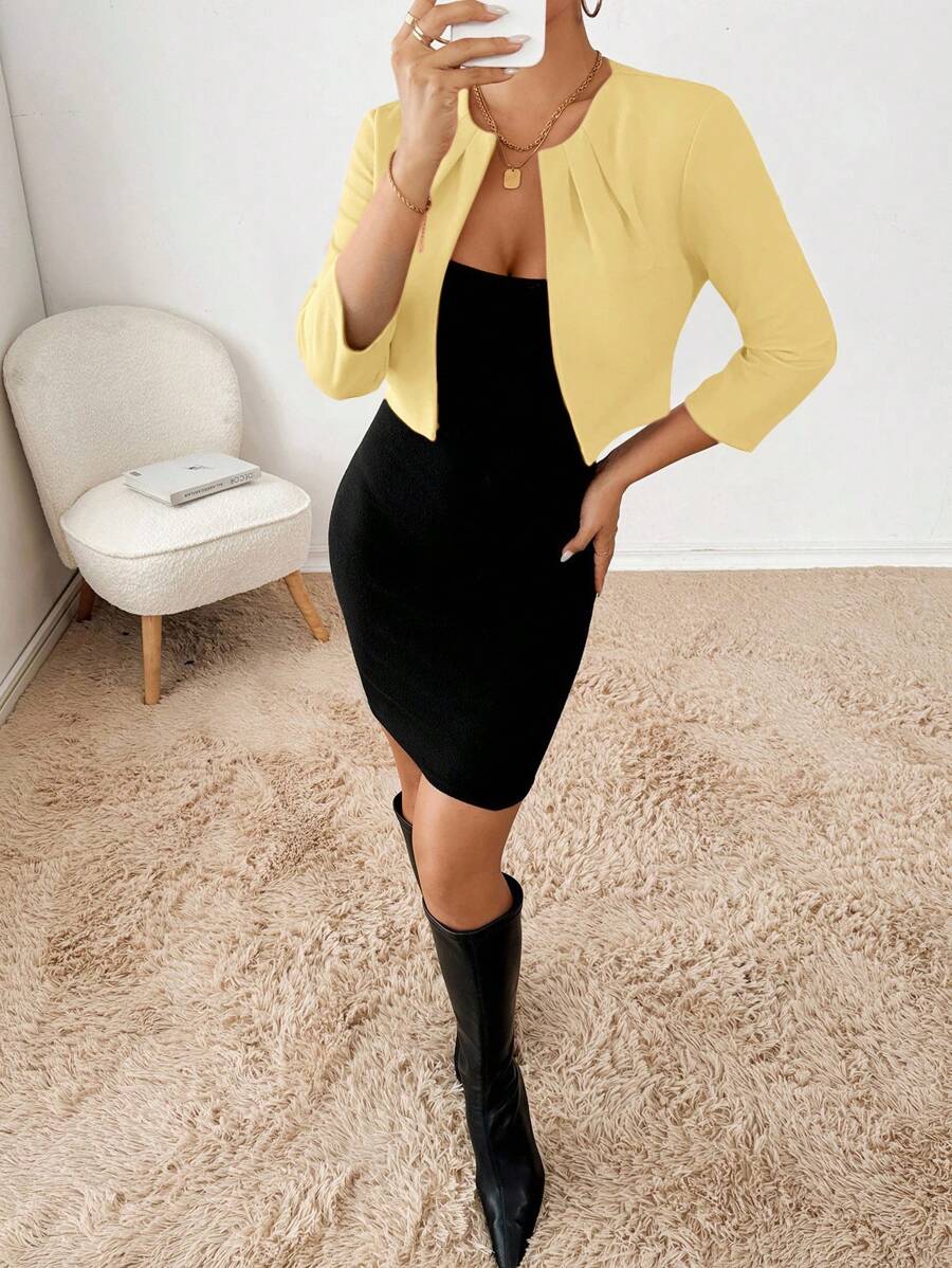 Philomena Pleated Neckline Open Front Cropped Knit Blazer - Butter Yellow