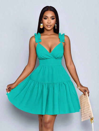 SOLERSUN Women's Spring Summer Fashion Solid Color Loose Casual Back Cut-Out Loose Short Dress,Vacation, Music Festival, Back To School,Romance,Party Outfit Mensa