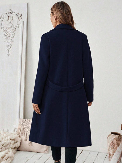 Leocadia Notched Lapel Double-Breasted Tailored Overcoat - Blue