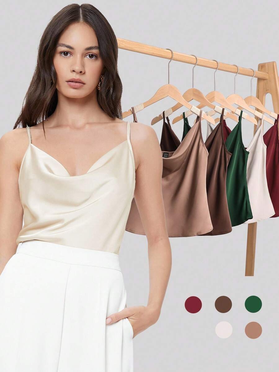 Rosemary Draped Cowl Neck Satin Cami Top with Spaghetti Straps - Apricot