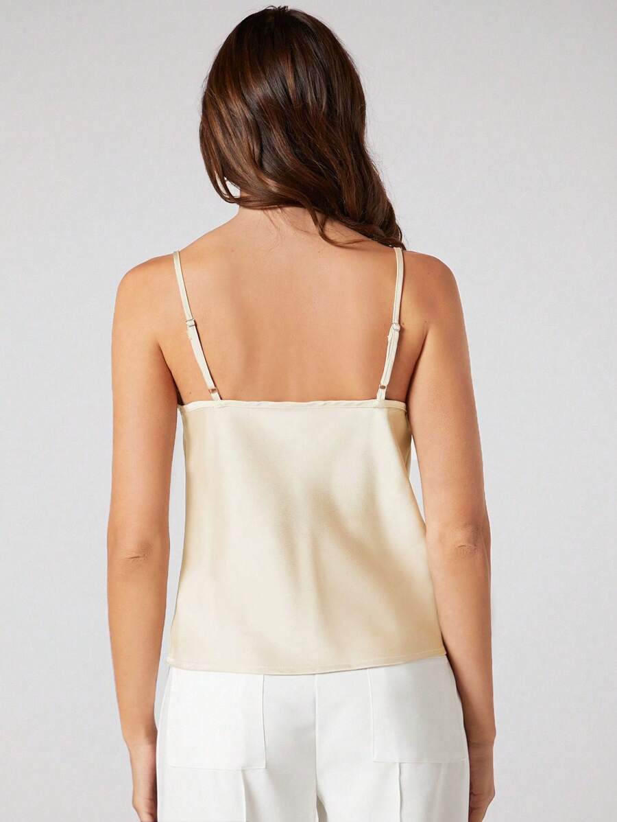 Rosemary Draped Cowl Neck Satin Cami Top with Spaghetti Straps - Apricot