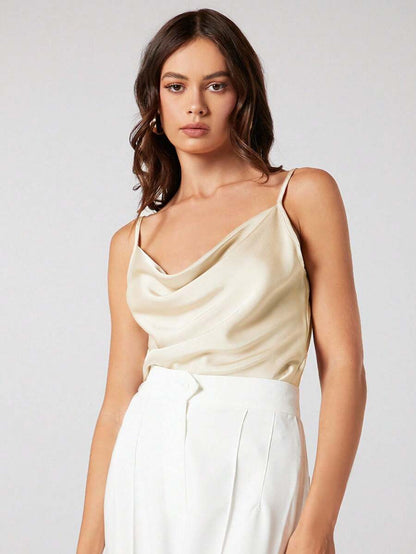 Rosemary Draped Cowl Neck Satin Cami Top with Spaghetti Straps - Apricot