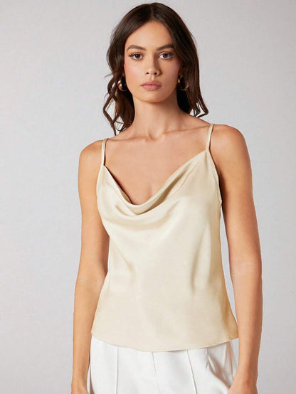 Rosemary Draped Cowl Neck Satin Cami Top with Spaghetti Straps - Apricot