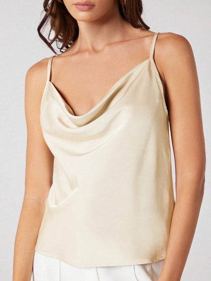 Rosemary Draped Cowl Neck Satin Cami Top with Spaghetti Straps - Apricot