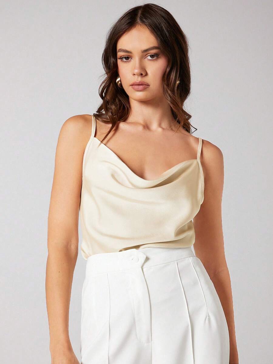 Rosemary Draped Cowl Neck Satin Cami Top with Spaghetti Straps - Apricot