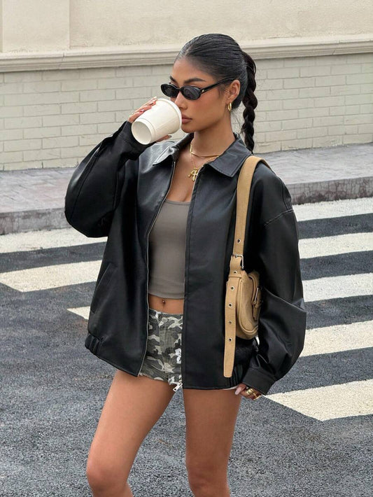 Yara Drop Shoulder Zip Cropped PU Faux Leather Jacket - Black