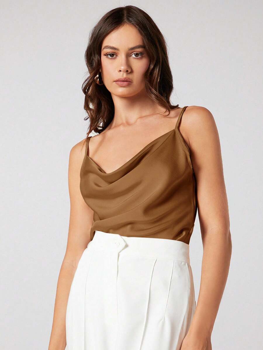 Rosemary Draped Cowl Neck Satin Cami Top with Spaghetti Straps - Caramel
