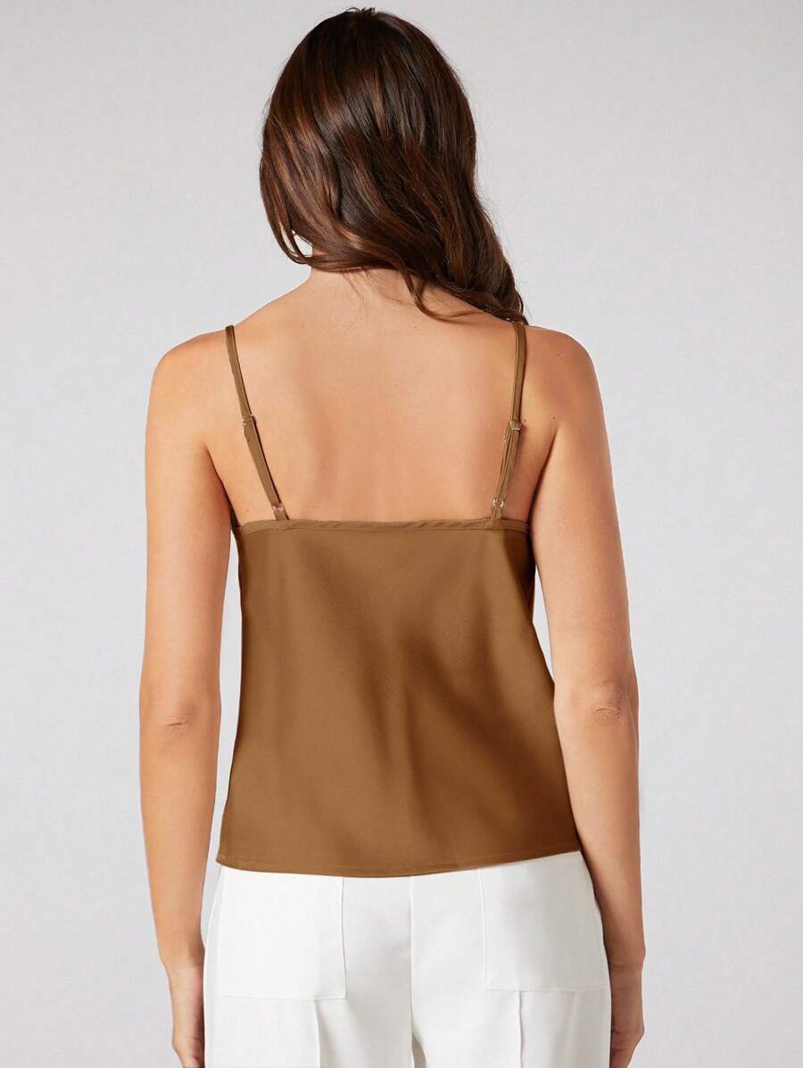 Rosemary Draped Cowl Neck Satin Cami Top with Spaghetti Straps - Caramel