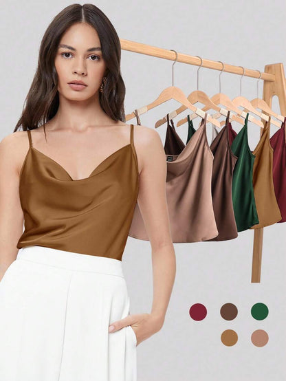 Rosemary Draped Cowl Neck Satin Cami Top with Spaghetti Straps - Caramel