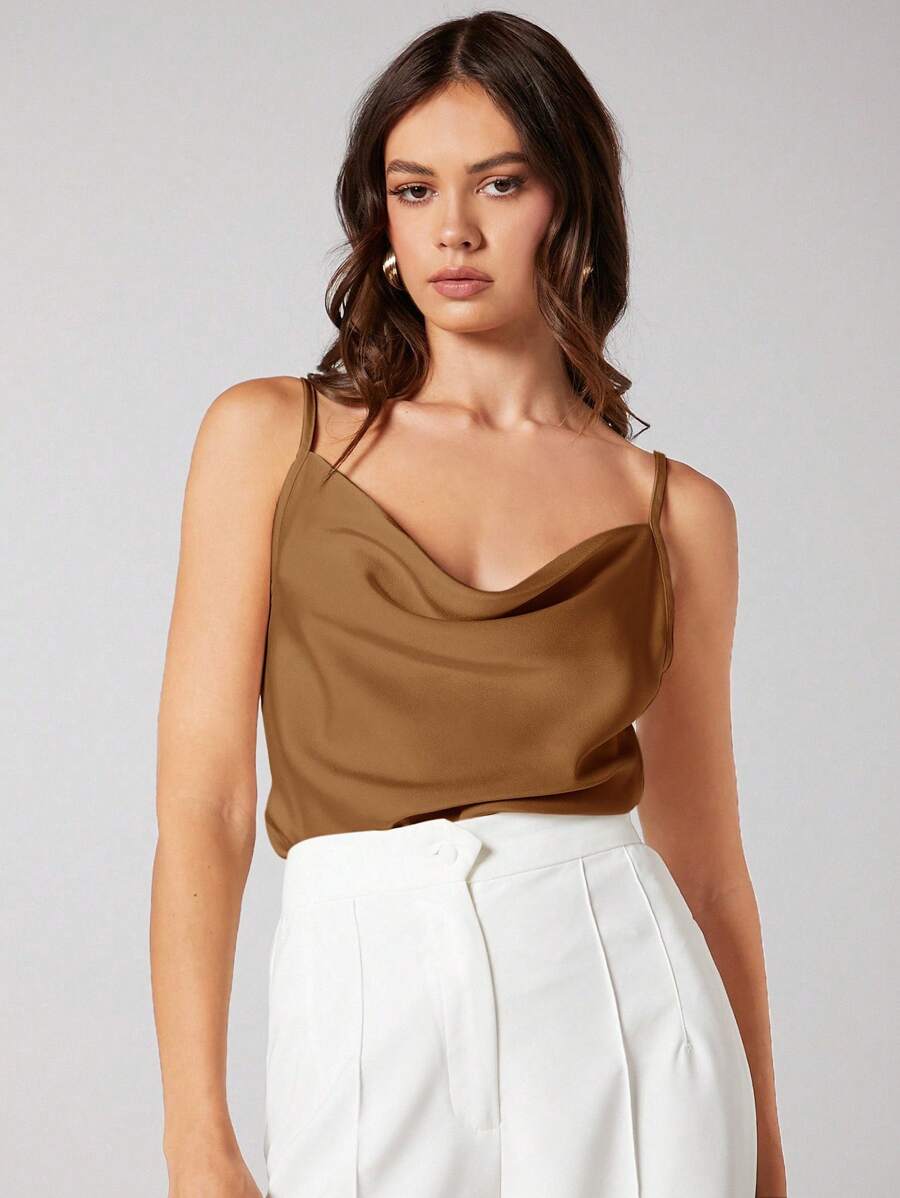 Rosemary Draped Cowl Neck Satin Cami Top with Spaghetti Straps - Caramel