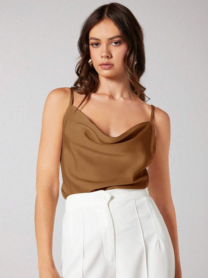 Rosemary Draped Cowl Neck Satin Cami Top with Spaghetti Straps - Caramel