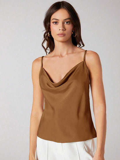 Rosemary Draped Cowl Neck Satin Cami Top with Spaghetti Straps - Caramel