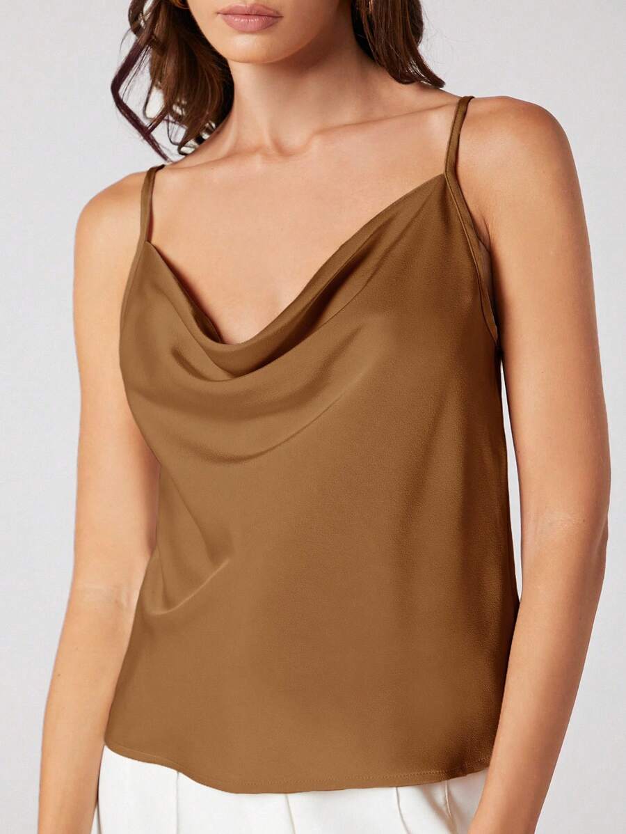 Rosemary Draped Cowl Neck Satin Cami Top with Spaghetti Straps - Caramel