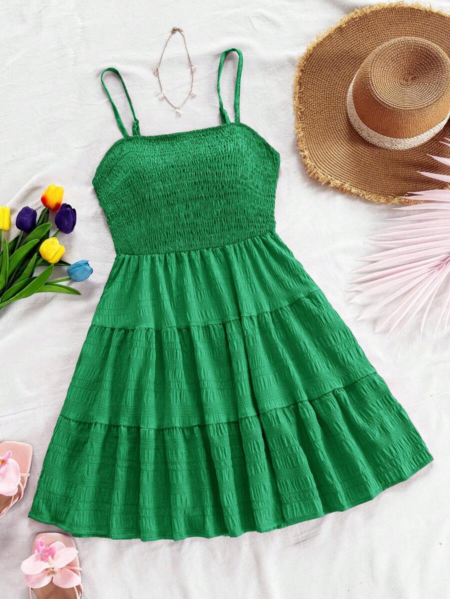 Soleia Women's Summer Holiday Solid Color Spaghetti Strap Dress With Ruffled Hem Mensa