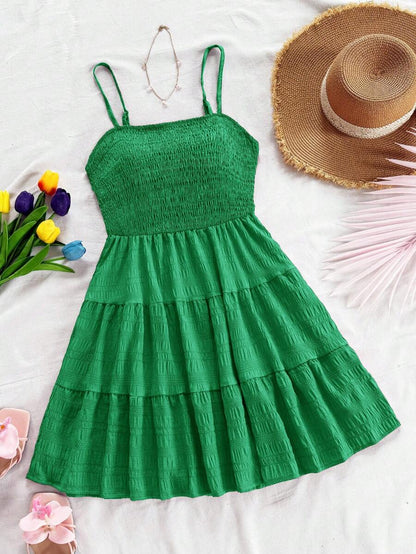 Soleia Women's Summer Holiday Solid Color Spaghetti Strap Dress With Ruffled Hem Mensa