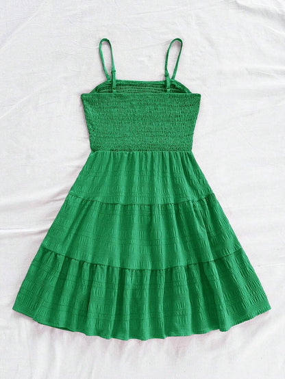 Soleia Women's Summer Holiday Solid Color Spaghetti Strap Dress With Ruffled Hem Mensa