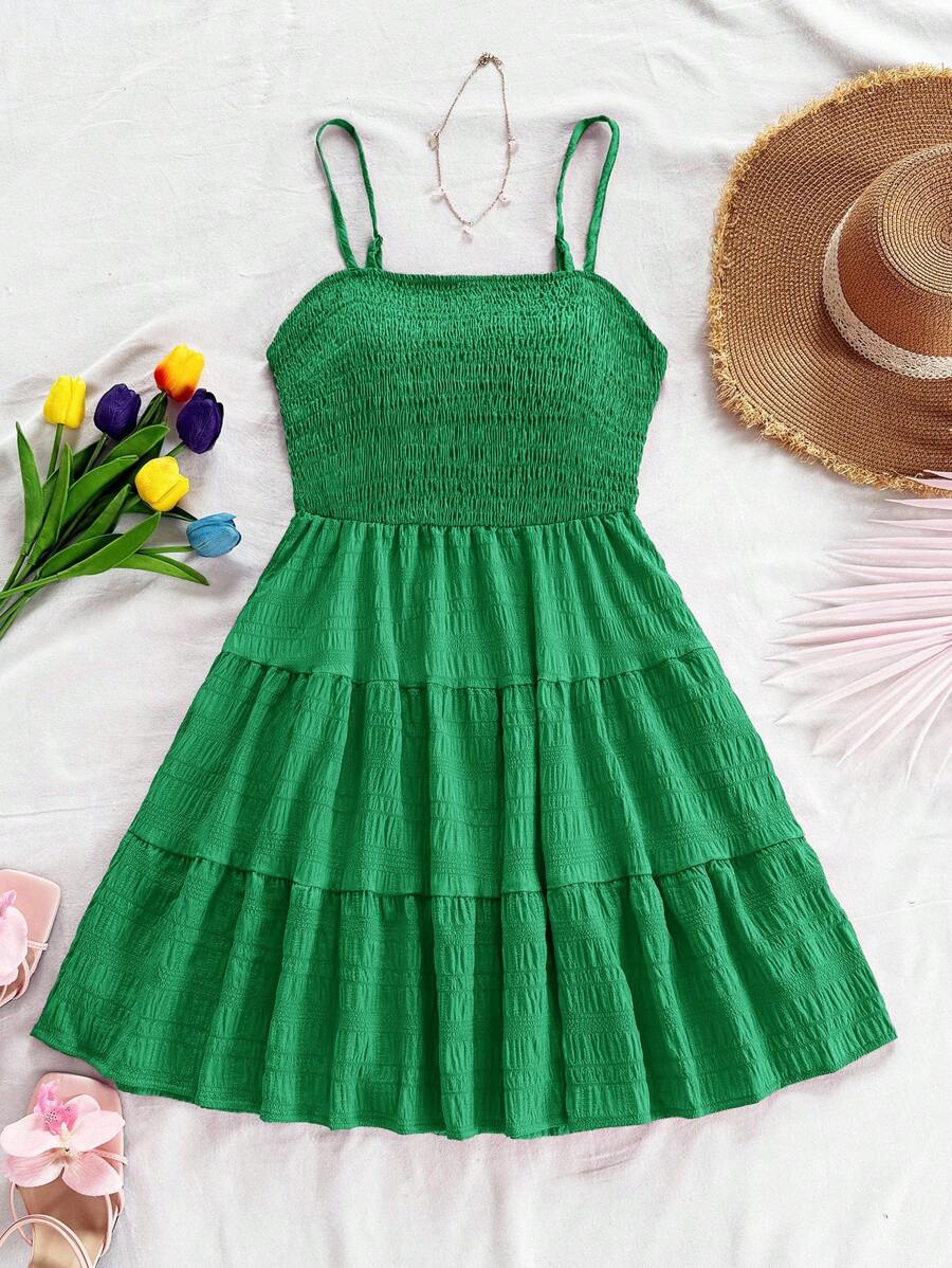 Soleia Women's Summer Holiday Solid Color Spaghetti Strap Dress With Ruffled Hem Mensa