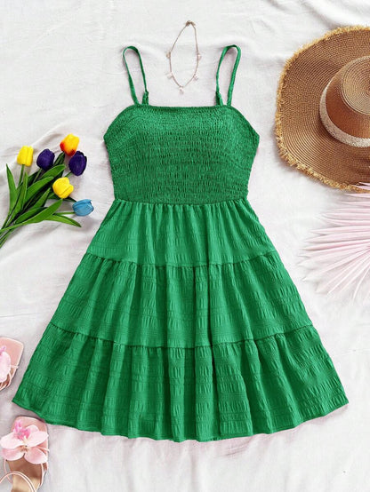 Soleia Women's Summer Holiday Solid Color Spaghetti Strap Dress With Ruffled Hem Mensa