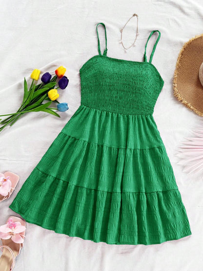 Soleia Women's Summer Holiday Solid Color Spaghetti Strap Dress With Ruffled Hem Mensa