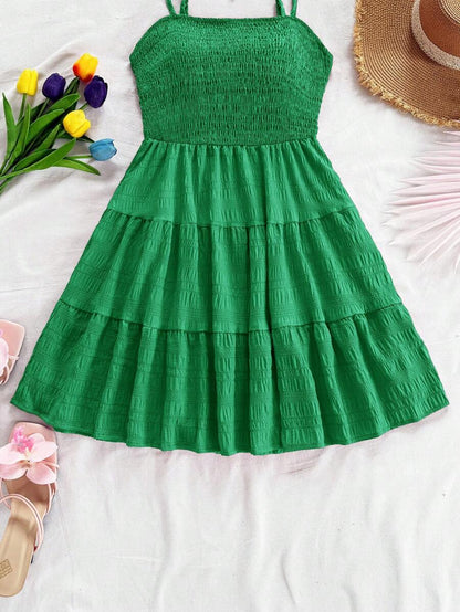 Soleia Women's Summer Holiday Solid Color Spaghetti Strap Dress With Ruffled Hem Mensa