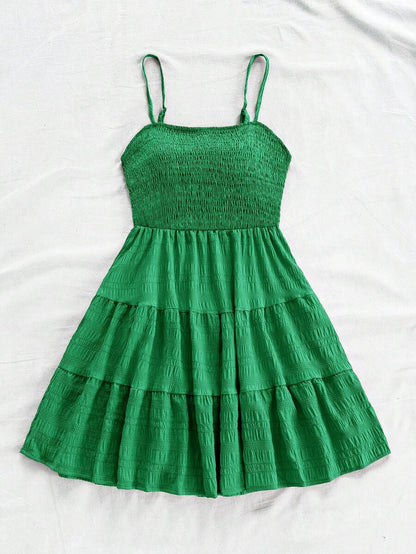 Soleia Women's Summer Holiday Solid Color Spaghetti Strap Dress With Ruffled Hem Mensa