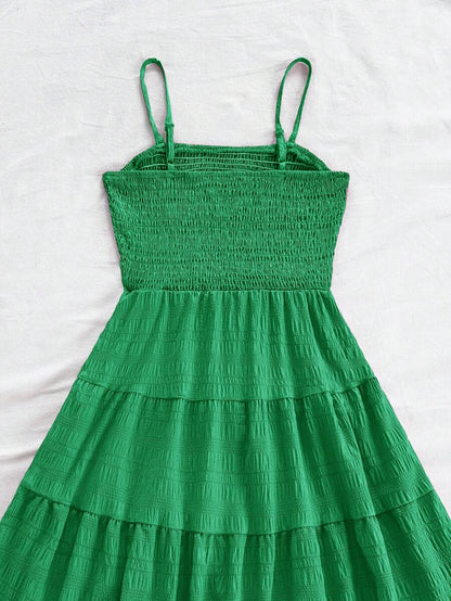 Soleia Women's Summer Holiday Solid Color Spaghetti Strap Dress With Ruffled Hem Mensa