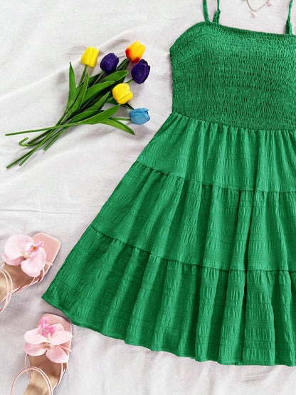 Soleia Women's Summer Holiday Solid Color Spaghetti Strap Dress With Ruffled Hem Mensa