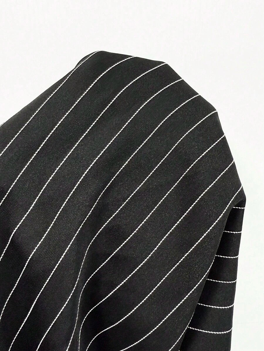 Philippa Pinstripe High-Waist Straight Leg Drawstring Trousers - Black Pinstripe