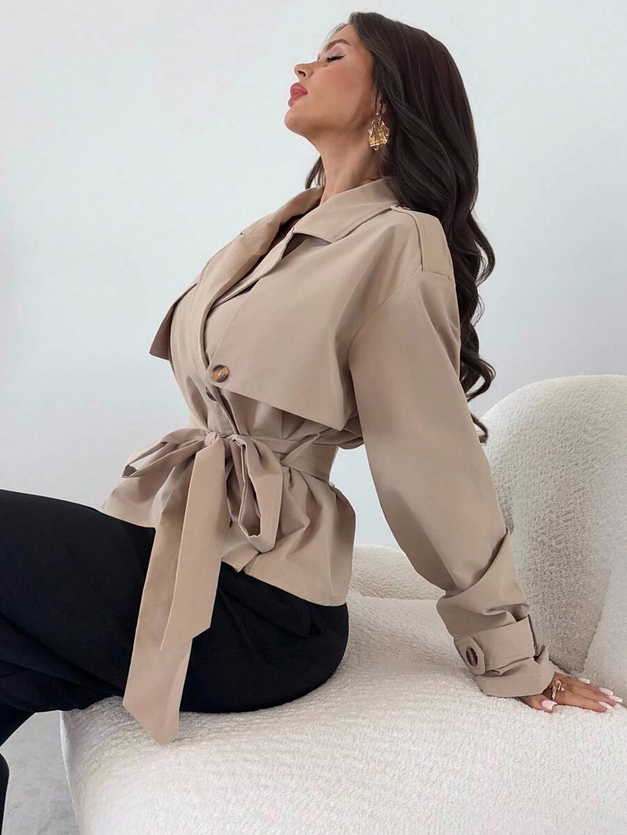 Ilse Cropped Belted Trench Coat with Tie Waist and Collar - Khaki