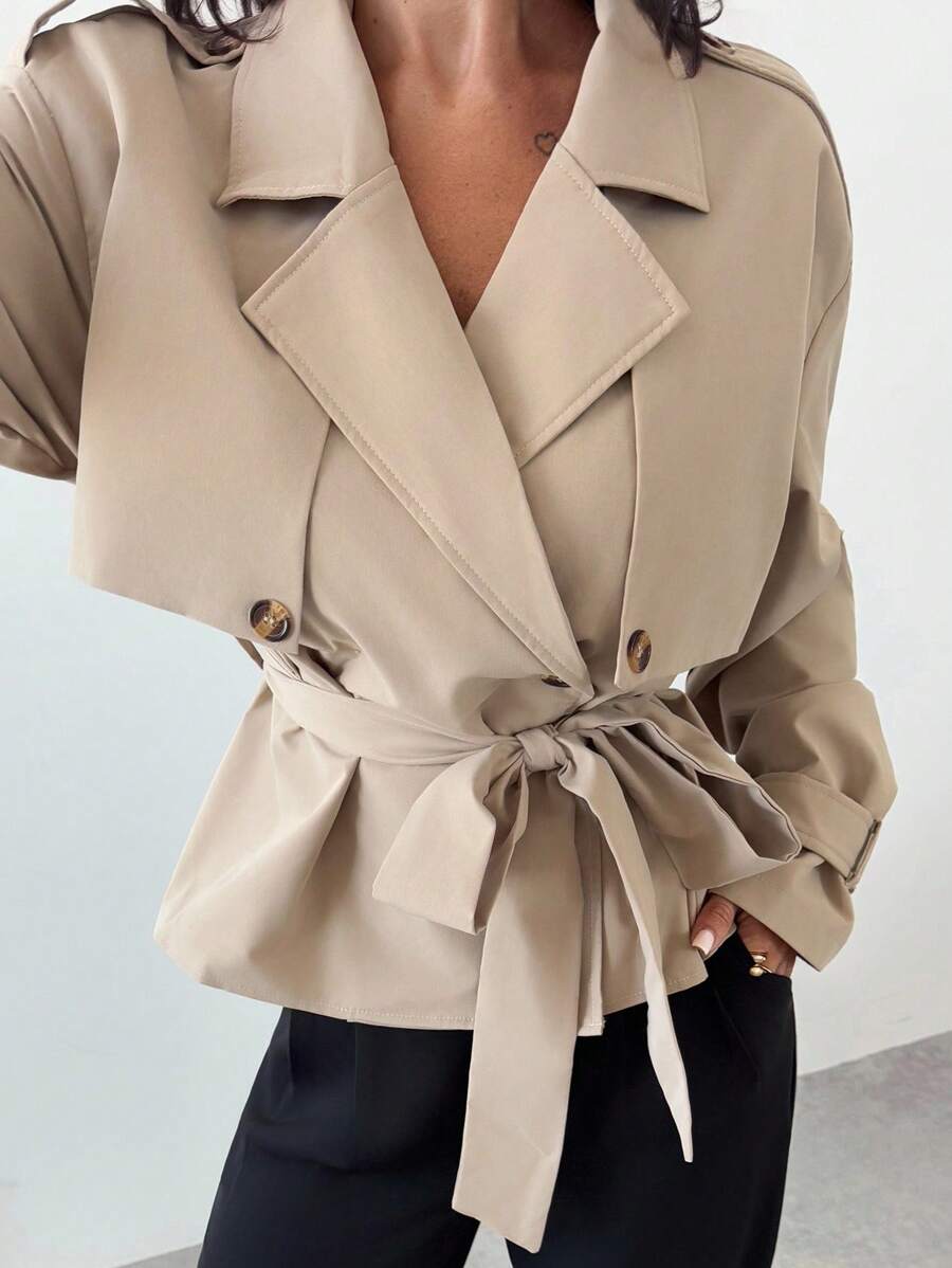 Ilse Cropped Belted Trench Coat with Tie Waist and Collar - Khaki