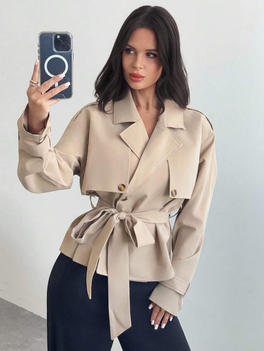 Ilse Cropped Belted Trench Coat with Tie Waist and Collar - Khaki
